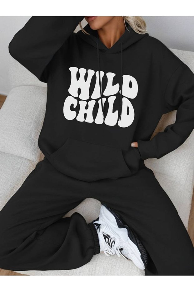 Women's Black Wild Child Printed Hooded 3 Thread Sweat Jogger Set