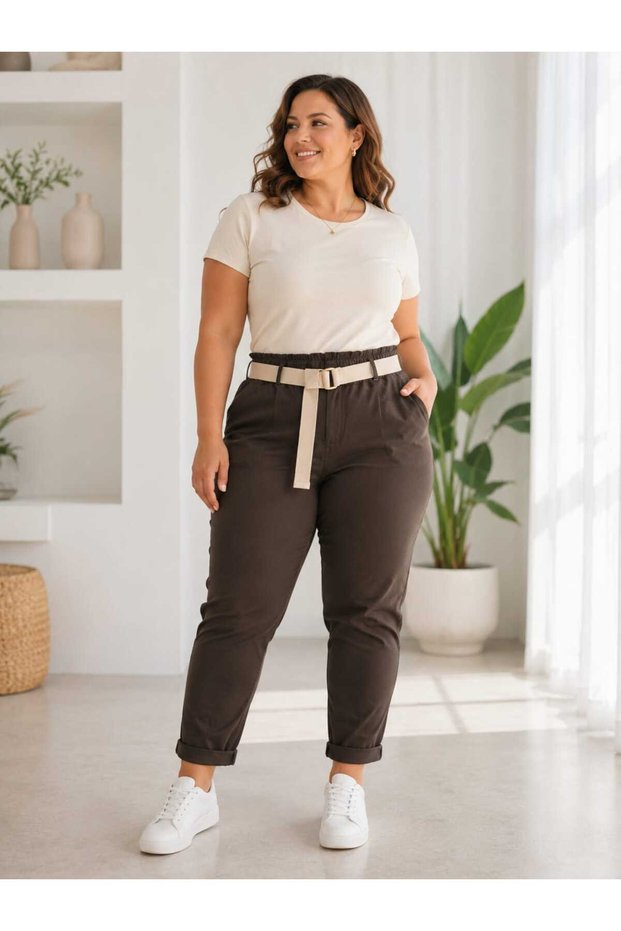 Women's Elastic Waist Belt Detailed Lycra Comfortable Fit Italian Trousers