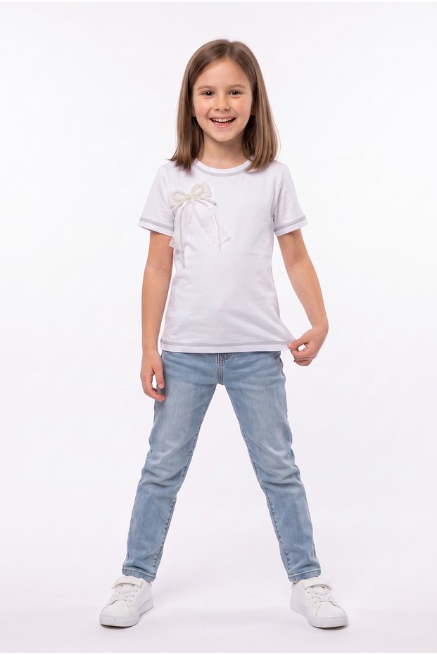 Girl's Chest Ribbon Tulle Detailed School T-Shirt