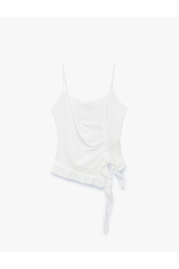 Cotton Asymmetrical Cut Ruffle Frilly Blouse with Gipeli Detail on the Back and Rope Straps