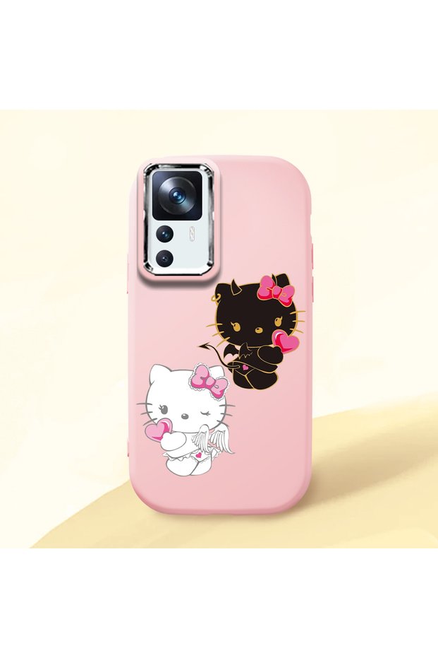 Mi 12t Compatible Case Camera Protector Pink Silicone Couple Phone Case with Kitty Pattern