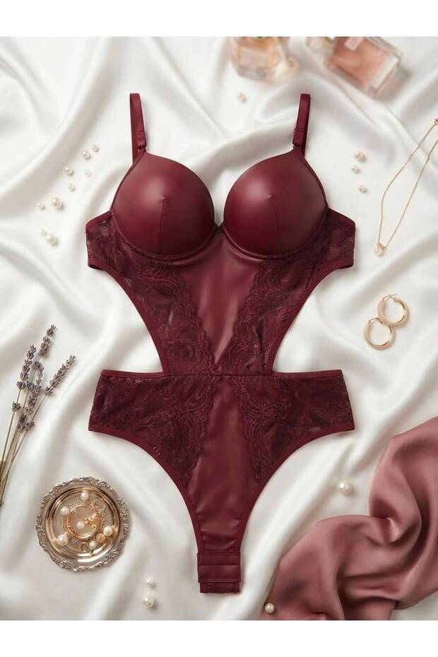 Le Amour Women's Burgundy Lace Detailed Supported Bodysuit