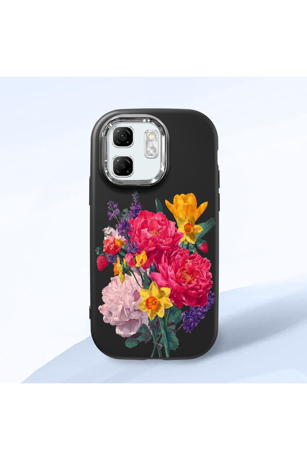 Infinix Smart 9 Compatible Case Camera Protector Black Silicone Couple Phone Case with Floral Pattern