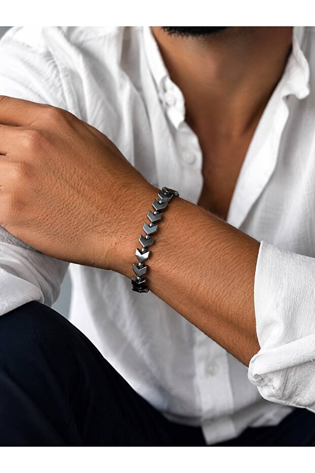 Men's Black Hematite Stone Look Arrow Pattern Bead Bracelet