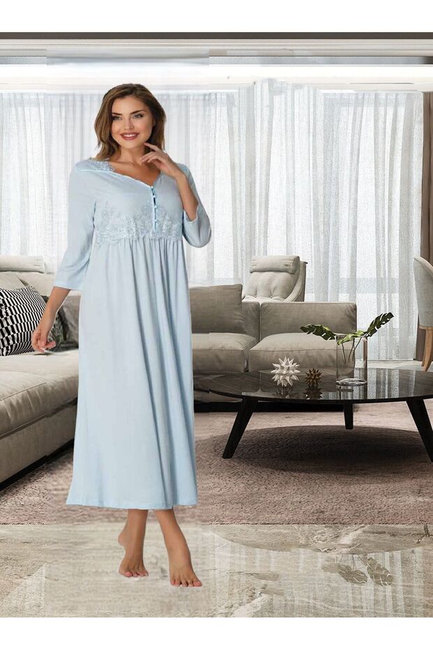 Dvina Maternity Pregnant Lace Detailed Long Sleeve Nightgown - Blue