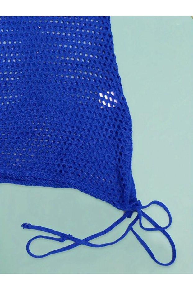 Women's Strappy Skirt with Drawstring Detail, Perforated Knitted Knitwear Pareo Dress