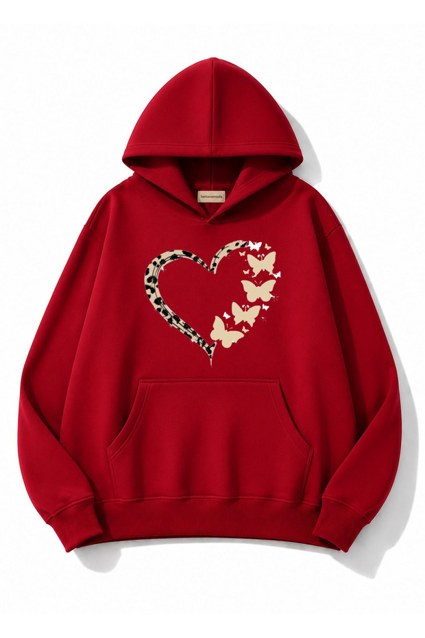 Leopard Effect Heart Printed Hooded 2 Thread Threaded Sweatshirt