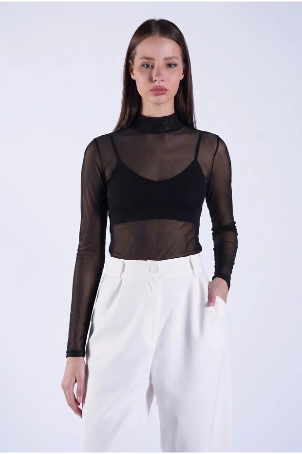 Women's Black Half Turtleneck Transparent Blouse Hzl26S-Zk10741