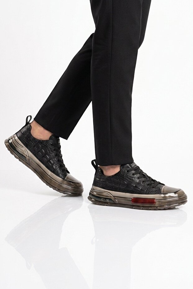 Black Genuine Leather Crocodile Patterned Thick Sole Men's Casual Shoes Sneaker E058 m