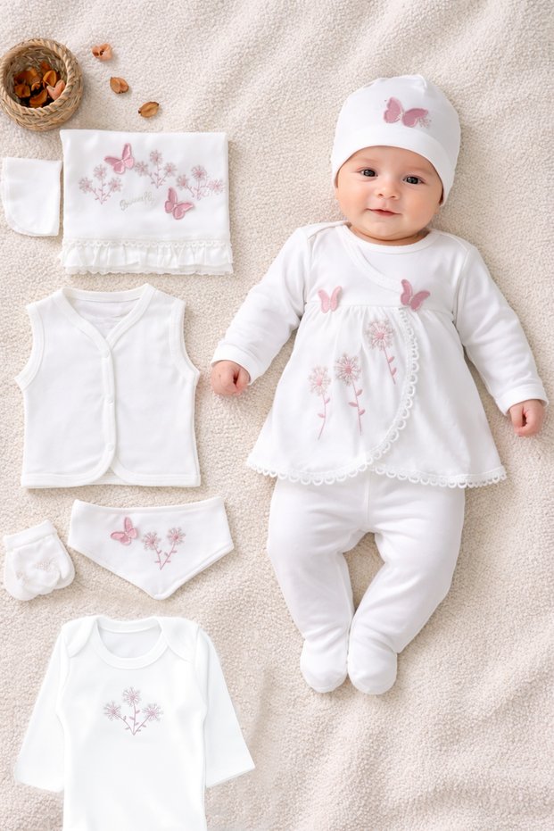 Baby Girl Newborn Cross-Stitched 10-Piece 100% Cotton Embroidered Luxury Hospital-Issued Bodysuit Set Stl7724