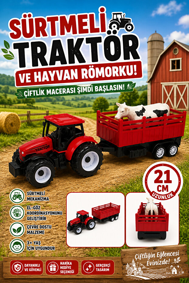 Toy Friction-Powered Tractor and Animal Trailer Farm Set 21 cm