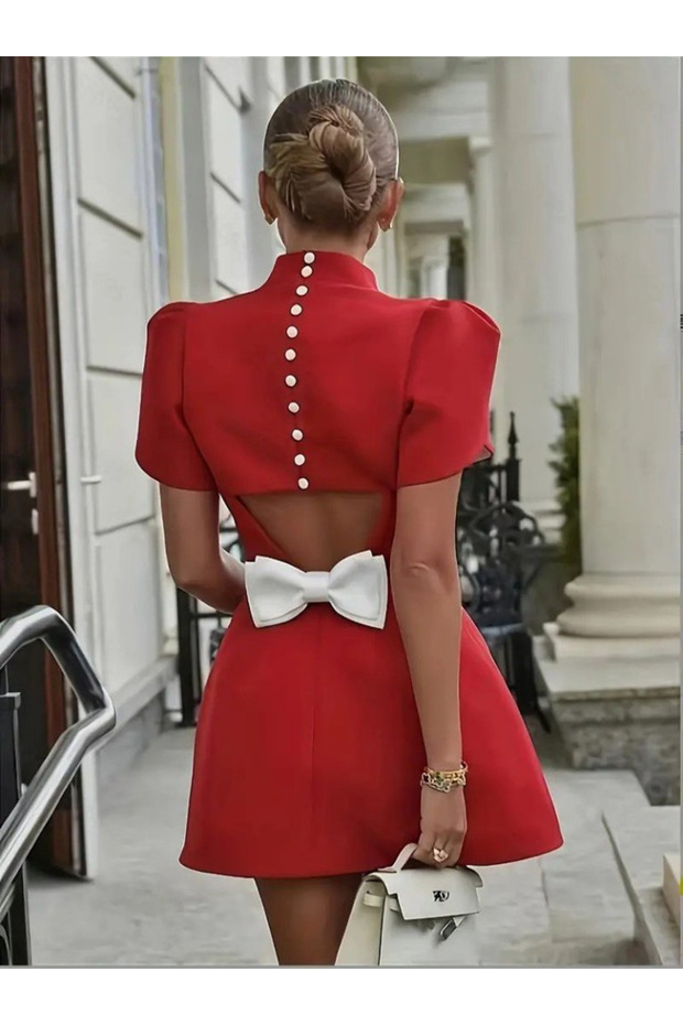 Women's Short Sleeve Turtleneck Back Butterfly Low-Cut Detail Short Atlas Dress