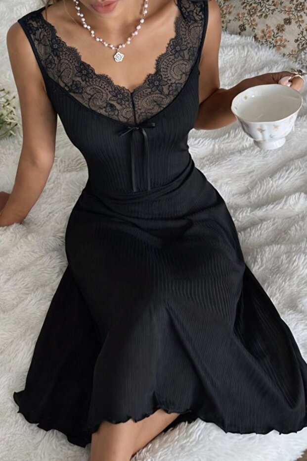 Women's Strappy Lace Collared Long Thick Ribbed Camisole Nightgown