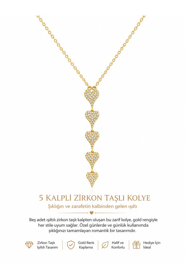 Gold Color 5 Heart Zircon Stone Dangle Necklace for Women