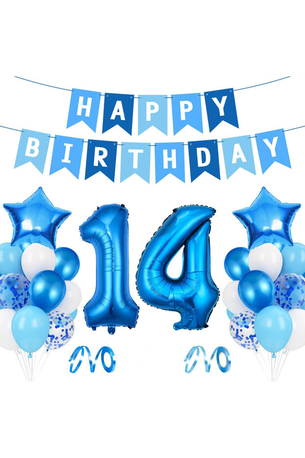 Blue Number 14 Birthday Party Balloon & Banner Set.