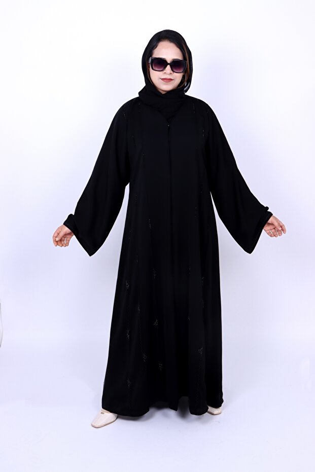 Classic Black Front-Open Abaya with Delicate Vertical Bead & Embroidery Details