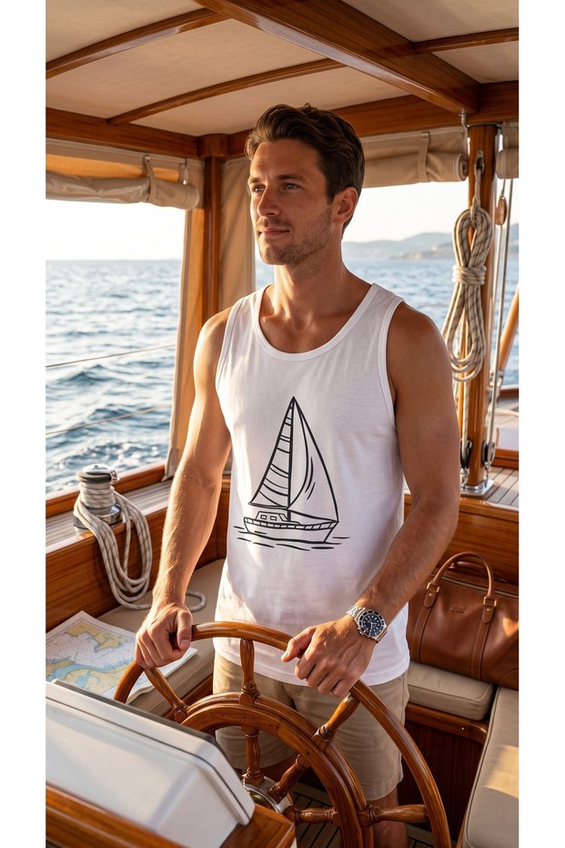 White Men's Sailing Printed Regular Fit Sleeveless Basic T-Shirt