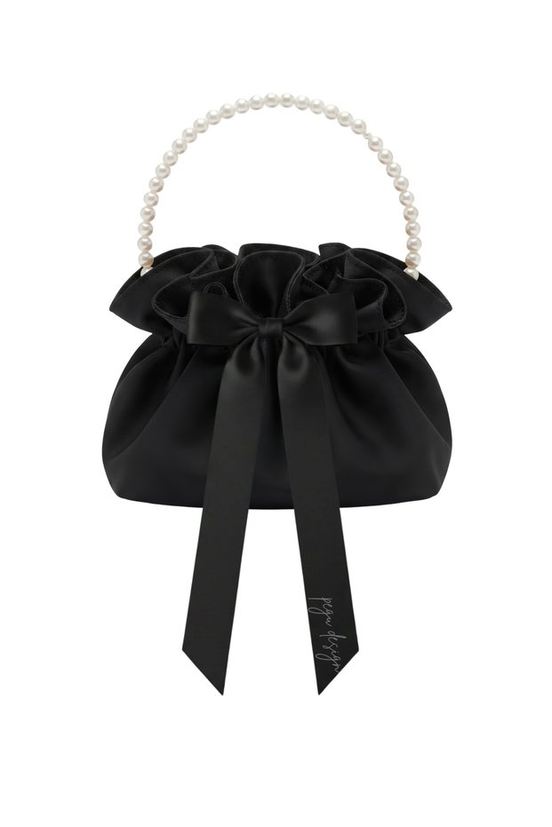 Black Cotton Satin Bag, Black Satin Fabric with Satin Bow Decoration, Pearl Handle, Black Satin Fabric, Daily/Formal Dressing Bag