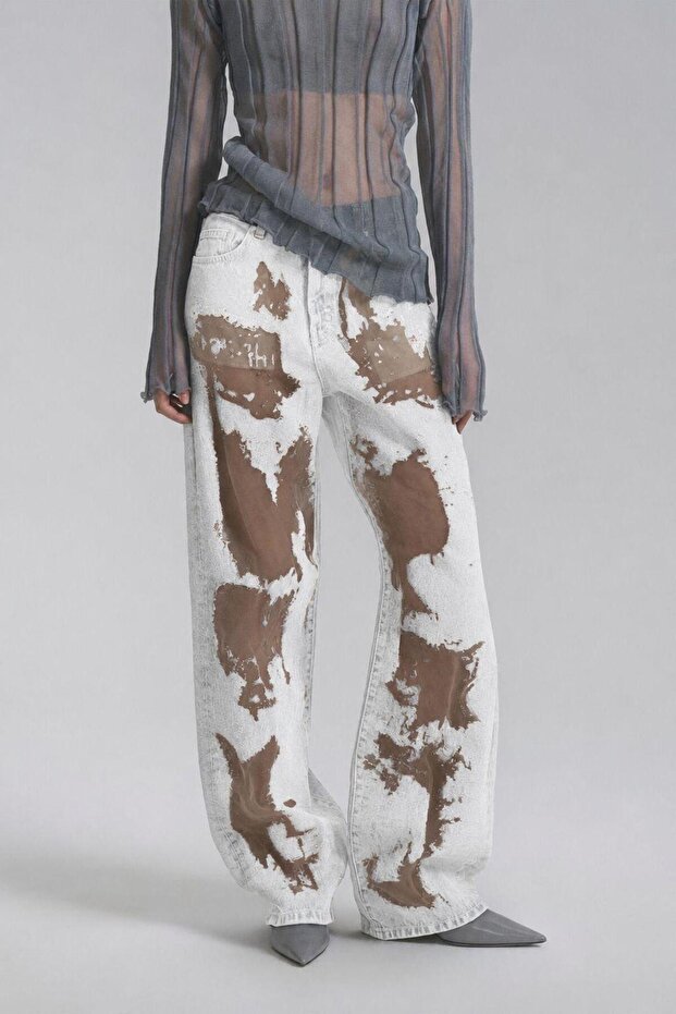 Premium Original Branded High Waist Tulle Patterned Wide Leg Denim Jeans Trousers
