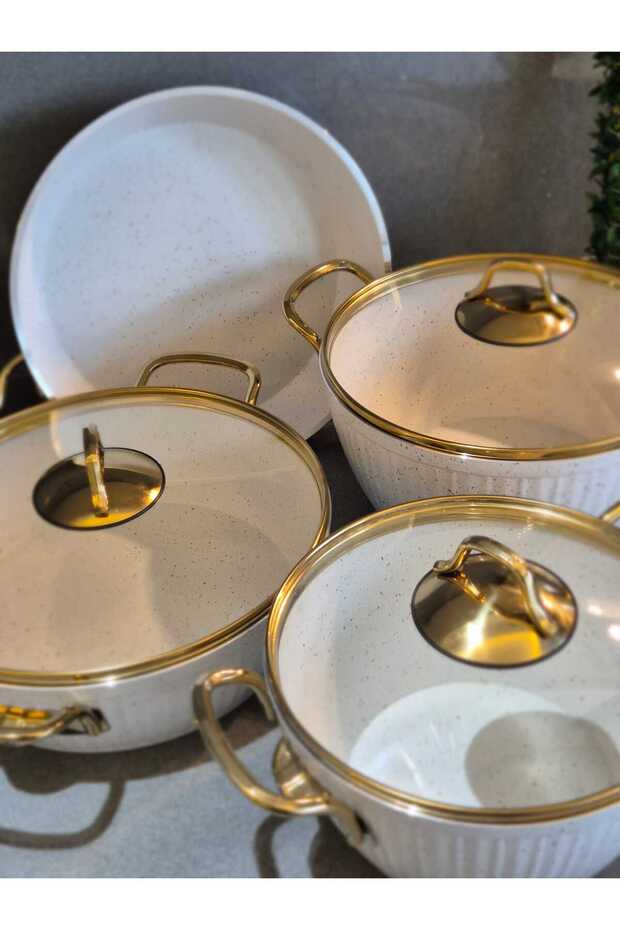 7 Piece White Granite Cookware Set Gold Handle Non-Stick Coating Dowery Set Modern Design