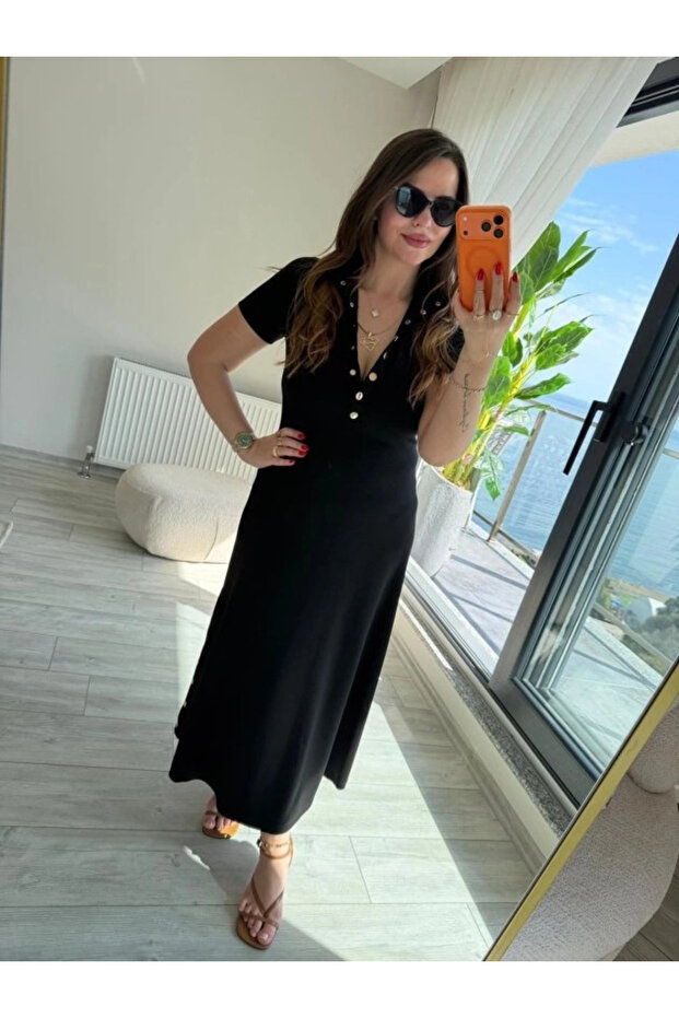 Women's short sleeve long modal dress with button detail on both sides