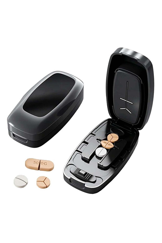 Pill cutter and divider, portable adjustable, cuts 1/2 and 1/4 tablets, precise centering alignment device, household multi-tablet cutter.