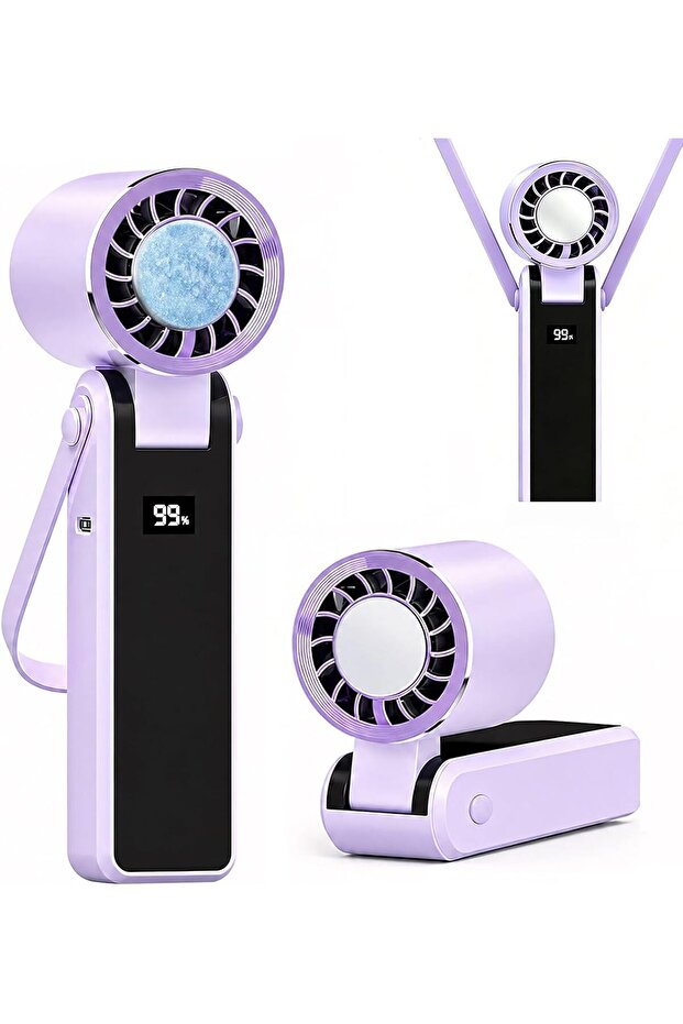 Portable handheld fan with cooling function and LED display, 5 wind speeds, 1200mAh USB rechargeable battery, 3 - in - 1 handheld/desktop folding...