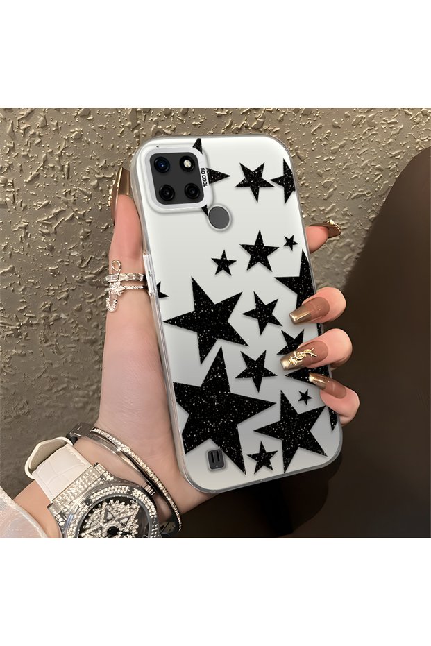 Realme C25Y/C21Y Compatible High Quality Flat Print Black Star Pattern Cool Silicone Phone Case