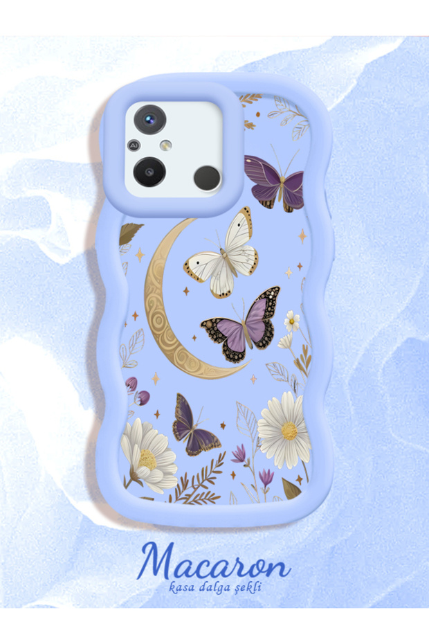 Poco C55 Compatible Wavy Frame Moon Butterfly and Flower Pattern Silicone Phone Case
