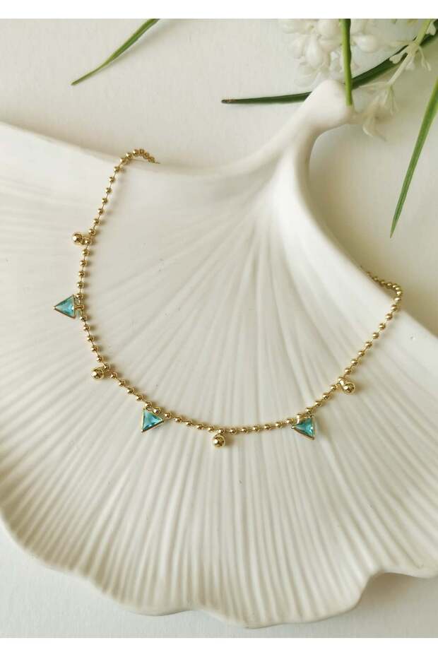 Blue Triangle Stone Detailed Gold Steel Anklet 23+5 cm