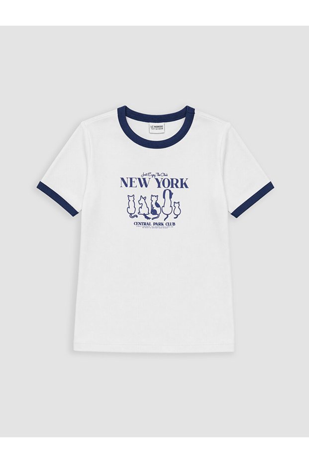 Seray New Season White Crew Neck New York Printed Girls' T-Shirt