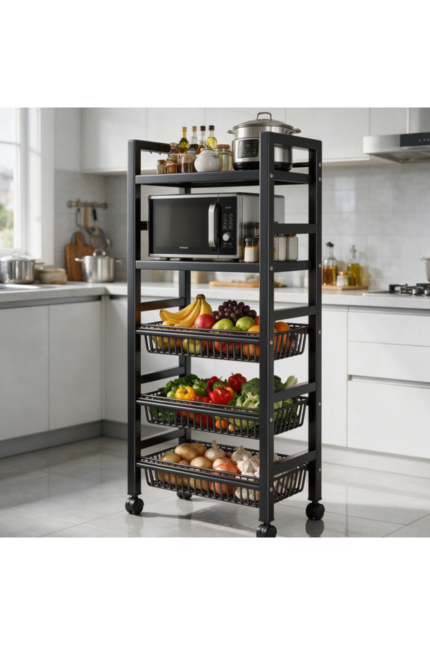 Kitchen racks, floor-to-ceiling multi-layer microwave oven storage racks, multi-function pot racks, storage containers with fruit and vegetable baskets