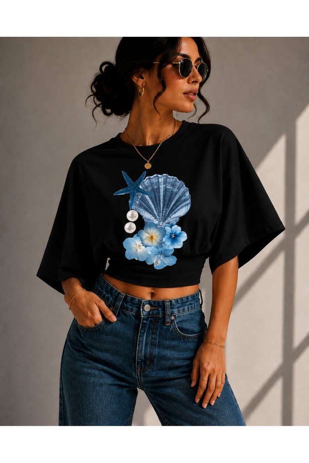 Women's Sea Shell Printed Lycra Bat Sleeve Body Tee Crop T-Shirt