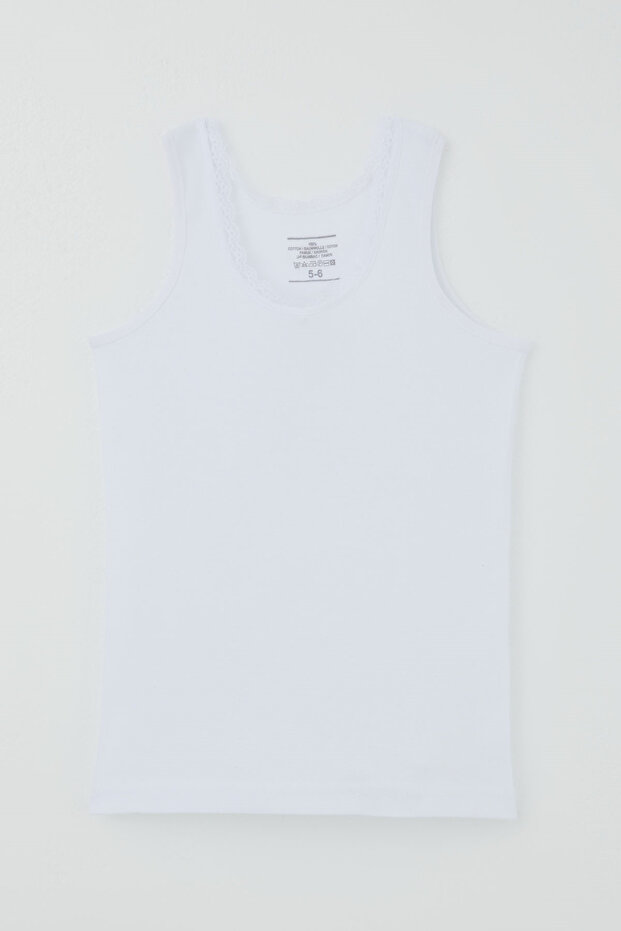 Girl's Thick Strap Ribbed Undershirt with Lace Detail, Ages 3-14, White