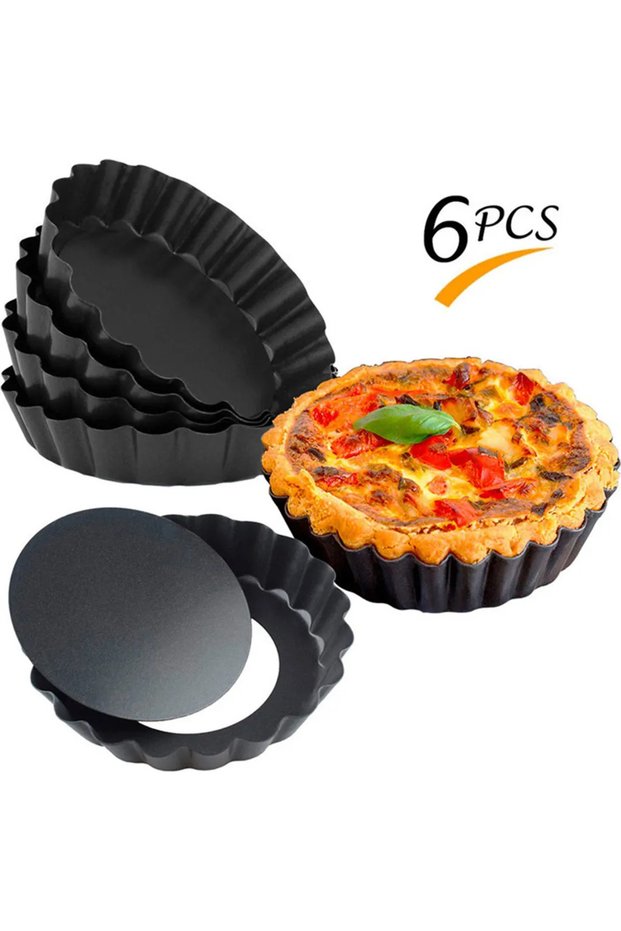 6-piece 10cm non-stick carbon steel mini tart pans with removable bottoms and silicone brush