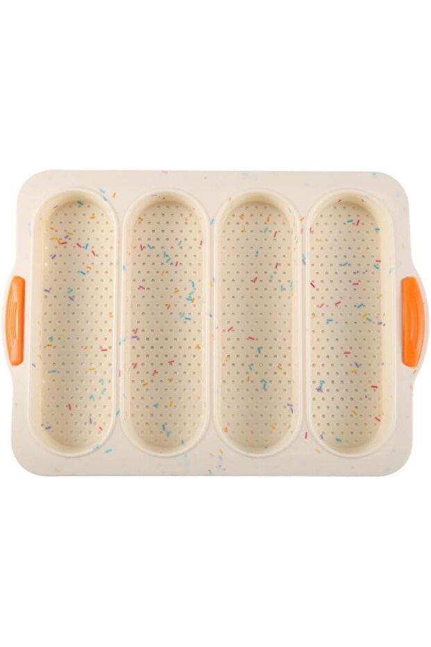 4-Cavity Non-Stick Silicone Baguette Pan, Reusable Bread & Cake Baking Mold (Beige)