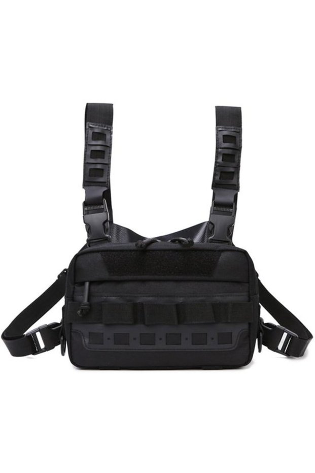Adjustable sports chest pack with multiple pockets, suitable for hunting, fishing, hiking, and travel.