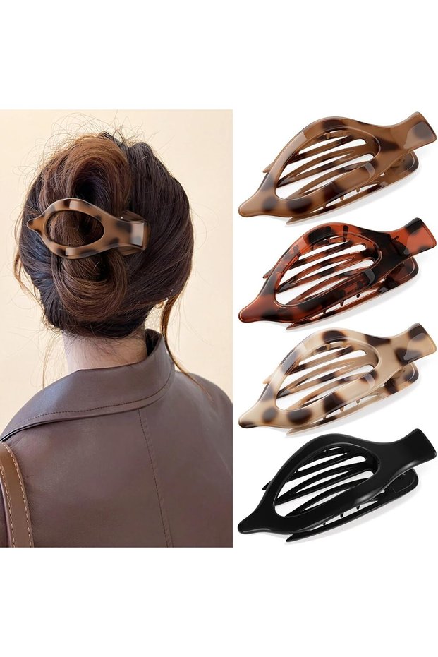 4-Pack Large Curved Flat Leopard Print Hair Clips, Strong Grip Fashion Accessories for Thick Hair (Dark)