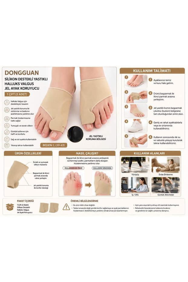 Silicone Supported/Padded Hallux Valgus Isolation Gel Foot Protector – Toe Separator | Soft Bunion Corrector | Finger Alignment and Daily Comfort Support 1 Pair Size: L (39-43)