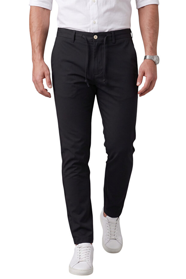 Men's Black Slim Fit Drawstring Fabric Trousers Slim Fit Flexible Smart Casual 2601100