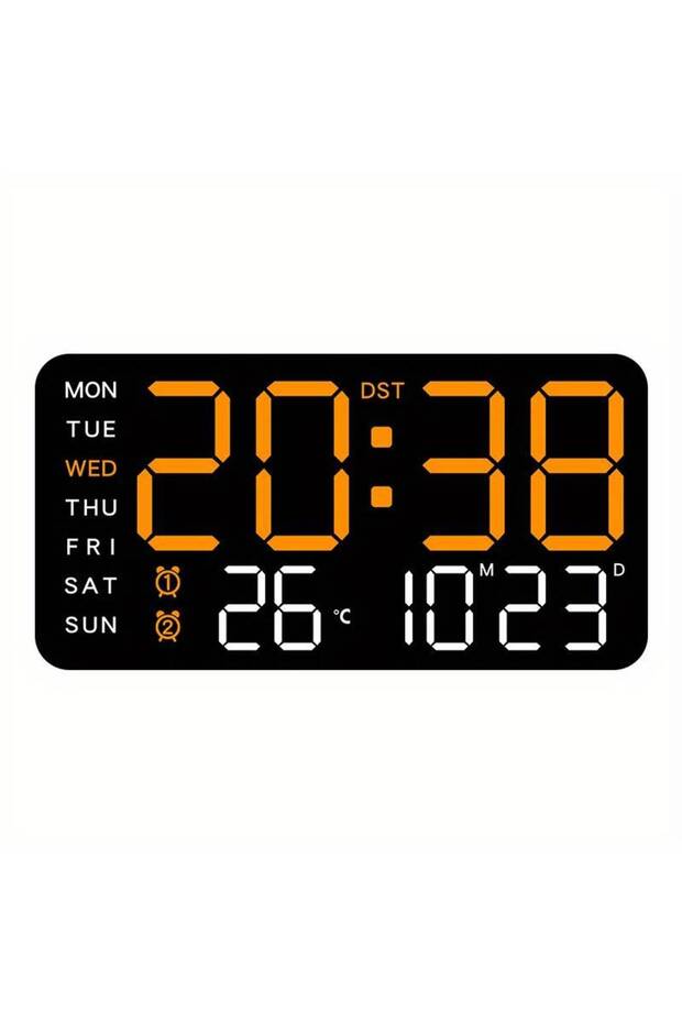 LED Digital Wall Clock - Powered via USB, featuring dual alarms, temperature, and date/day display - Black + Orange
