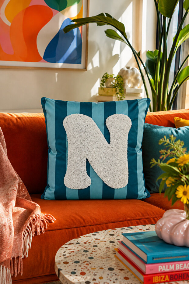 Punch Embroidered Throw Pillow Cover - 43*43 cm - Blue Letter N - Pnk001