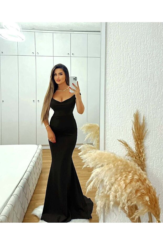 فستان طويل بتصميم السمكة بدون أكتاف 58423 أسود