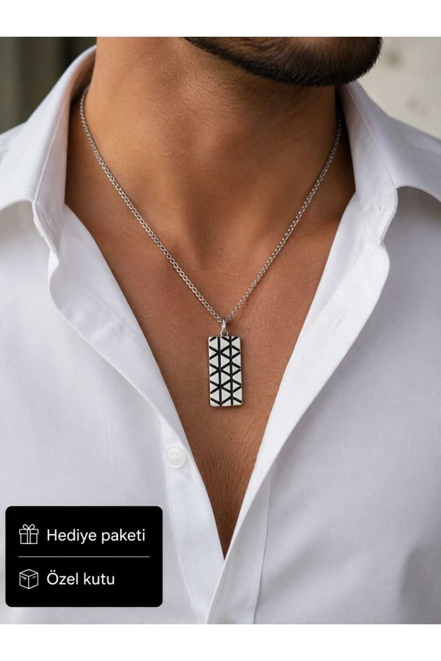 Geometric Patterned Rectangular Plate Men's Necklace