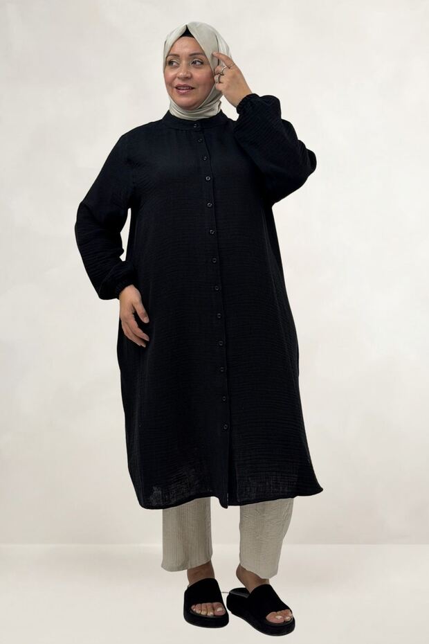 68070 Plus Size High Collar Buttoned Muslin Tunic - Black