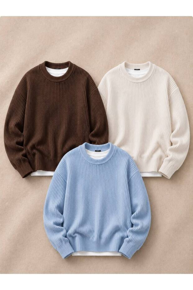 3-Pack Men's Oversize Knitwear Sweater Crew Neck Thessaloniki Knit Basic Comfortable Fit Soft Textured Winter Sweater