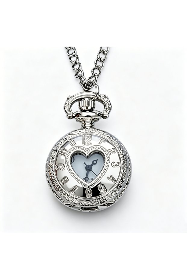 silvery-1 Retro Charm Neutral Small Hollow Heart Carving Quartz Steampunk Pocket Watch Men's and Wom