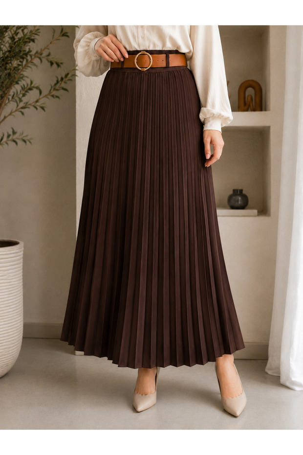 Women's Side Zippered Belted Pleated Imported Crepe Long Skirt