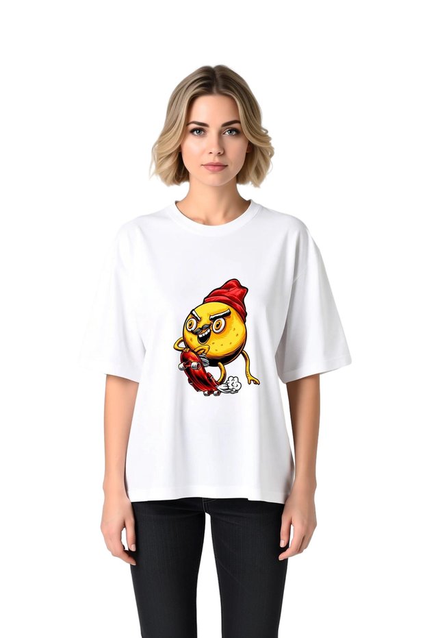 Women's Oversize T-Shirt Short Sleeve Round Neck Cartoon Potato Skateboard Printed Relaxed Fit Casual