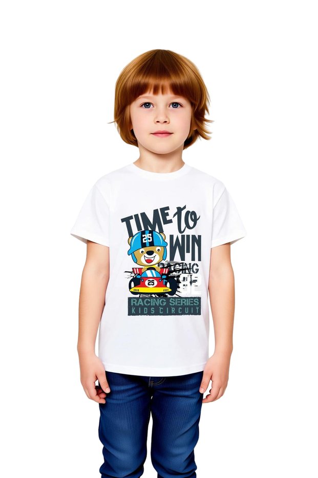 Children's Racing Themed Graphic Printed Short Sleeve T-Shirt with Winning Motif Relaxed Fit Casual Modern Stylish